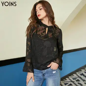 

YOINS Women Hollow Mesh Flower Frill Neck Flared Sleeves Blouse 2020 Sexy Shirts Party Elegant Female Tops Blusas Spring Autumn