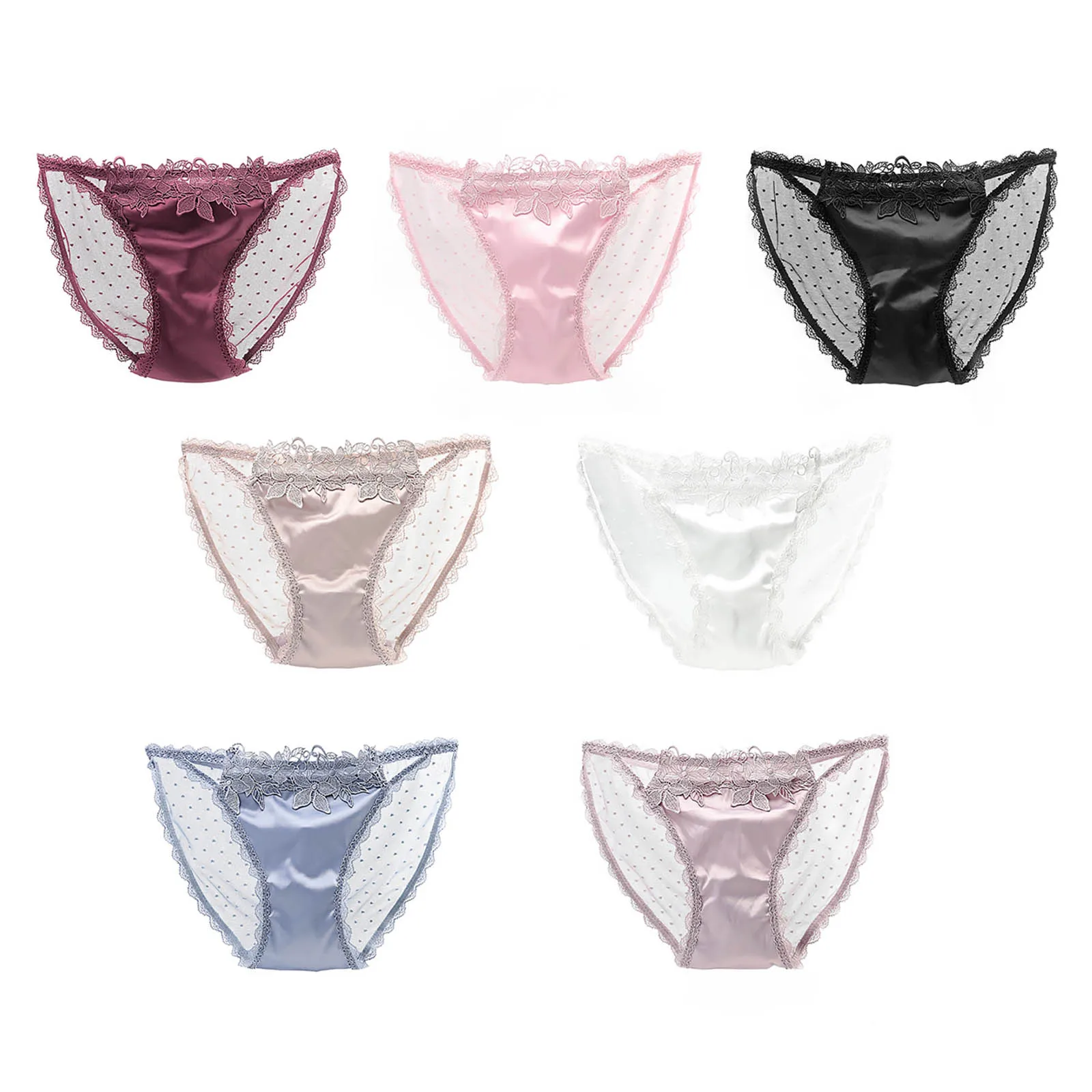 

#M-L 1Pc Women Lace Satin Lingerie Briefs Underwear Low Waist See-through Mesh Patchwork Embroidered Panties