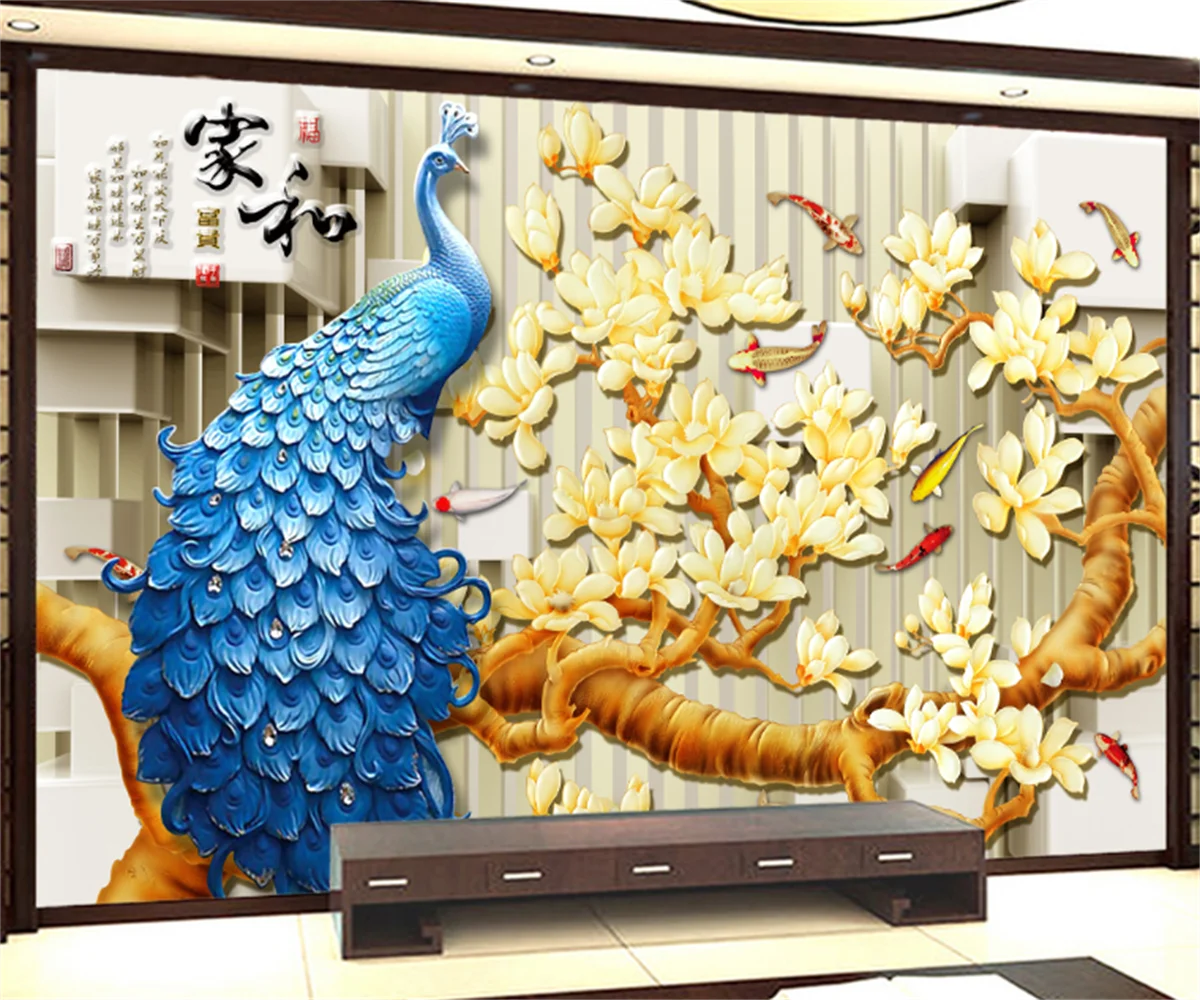 

Customize any size 3D wallpaper mural European three-dimensional color carving magnolia peacock background wallpaper hotel wall