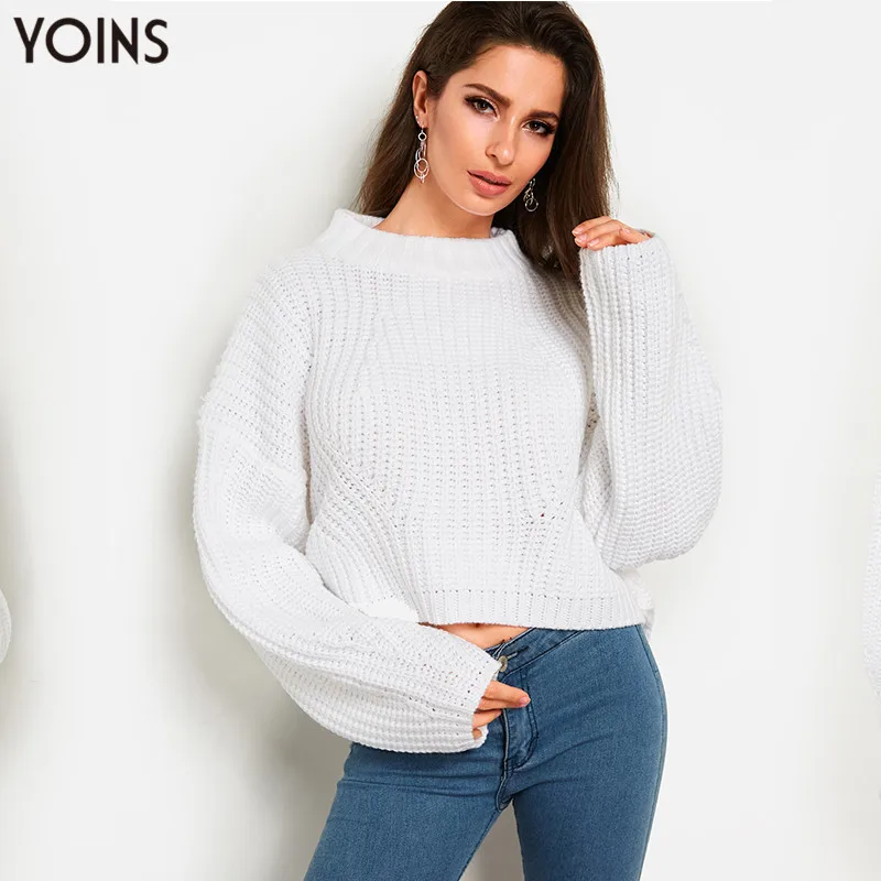 

YOINS 2019 Autumn Winter Spring Women Sweater and Pullover Round Neck Long Sleeves Jumper Knitting Oversized Casual Cropped Tops