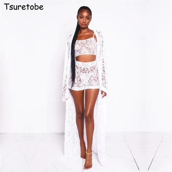 Tsuretobe Sexy Lace Embroidery 3 Piece Set Women Long Cardigan + Spaghetti Strap Crop Top And Shorts Perspective Party Outfits
Tsuretobe Sexy Lace Embroidery 3 Piece Set Women Long Cardigan + Spaghetti Strap Crop Top And Shorts Perspective Party Outfits