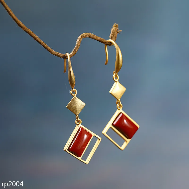 

KJJEAXCMY boutique jewelry s925 silver gold plated women's southern red agate gemstone earrings geometric new fashion