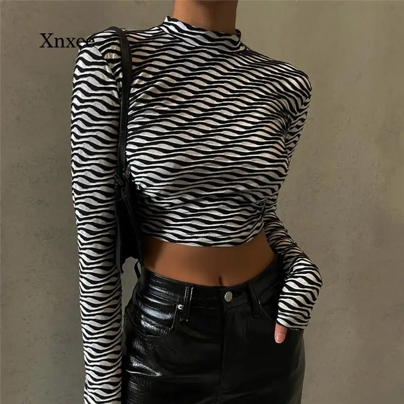 Backless Crop Tops Lace Up Women T-Shirt Sexy Wavy Stripe Printed Slim Long Sleeve Half-High Collar Short Shirts Fashion Clothes
Backless Crop Tops Lace Up Women T-Shirt Sexy Wavy Stripe Printed Slim Long Sleeve Half-High Collar Short Shirts Fashion Clothes