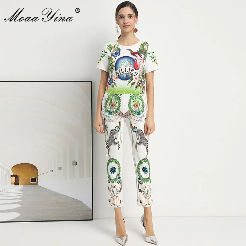 MoaaYina Fashion Designer Set Spring Summer Women Short sleeve Beaded Rainforest Print Tops+3/4 pants Vintage Two-piece set | Женская