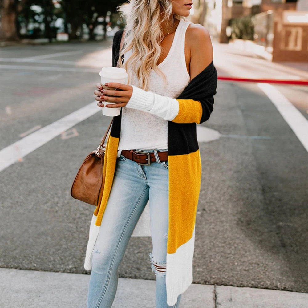 Fashion Women Striped Patchwork Long Cardigans Autumn Winter Casual Long Sleeve V-Neck Loose Knitted Sweater Coat Thick Outwear
Fashion Women Striped Patchwork Long Cardigans Autumn Winter Casual Long Sleeve V-Neck Loose Knitted Sweater Coat Thick Outwear