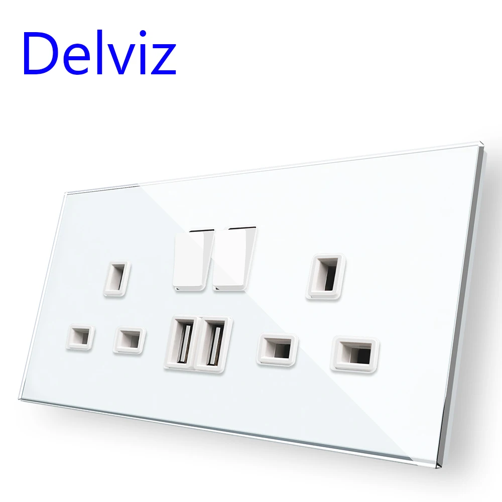 

Delviz UK standard USB Socket, Switch control Panel, 13A British Double Power Jack, White 146mm*86mm, Tempered Glass Wall Outlet