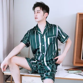 

MEN'S Pajama New Style Model Silk Spring Summer Thin Section Wide Striped Short Sleeve Pajamas Plus-sized Home Wear