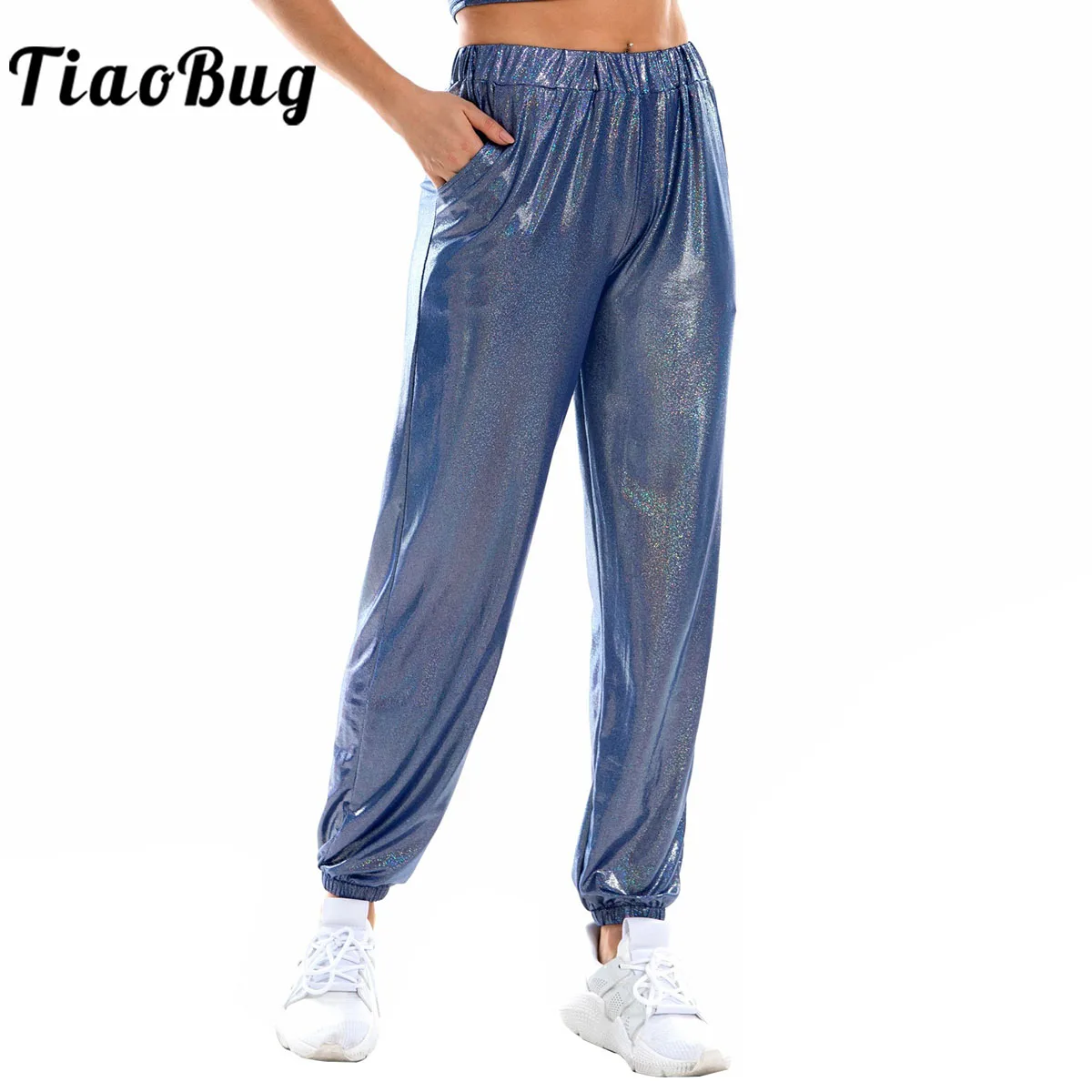 

Womens Shiny Metallic High Waist Stretchy Jogger Pants, Wet Look Hip Hop Club Wear Holographic Trousers Sweatpant Dancewear