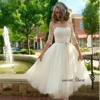 Simple Ivory Tea Length Short Wedding Dress 2021Cheap Sheer Lace Half Sleeve Tulle Bride Boho Beach Wedding Gown With Gold Belt
Simple Ivory Tea Length Short Wedding Dress 2021Cheap Sheer Lace Half Sleeve Tulle Bride Boho Beach Wedding Gown With Gold Belt