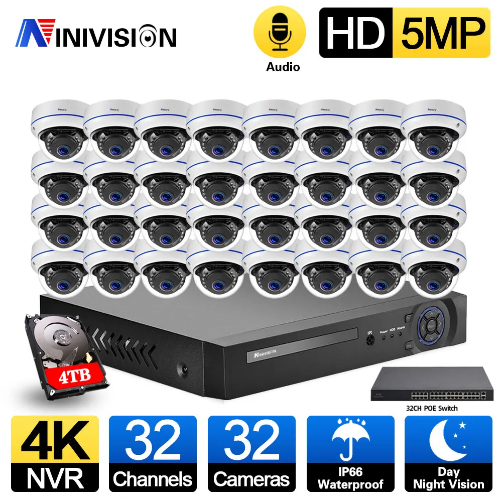 

NINIVISION 32CH 5MP Weatherproof Dome POE IP Camera Gray 4K NVR Kit Outdoor CCTV Surveillance Customized Plug&Play System Kit