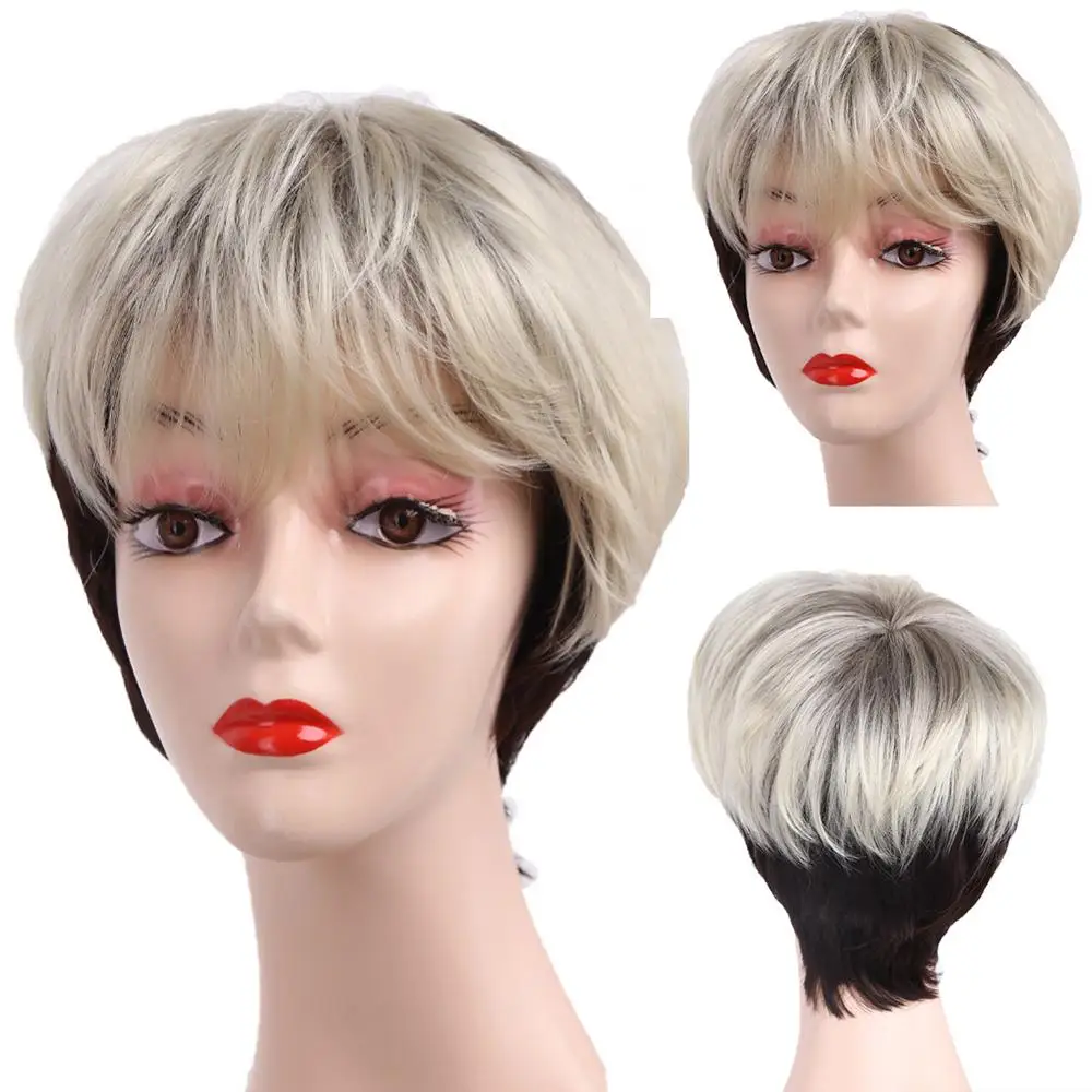 

Amir Short Synthetic Hair Wig Ombre Black Blonde Hair Wigs For Women Natural Curly Wigs Blond Gray Hair Wigs With Bangs