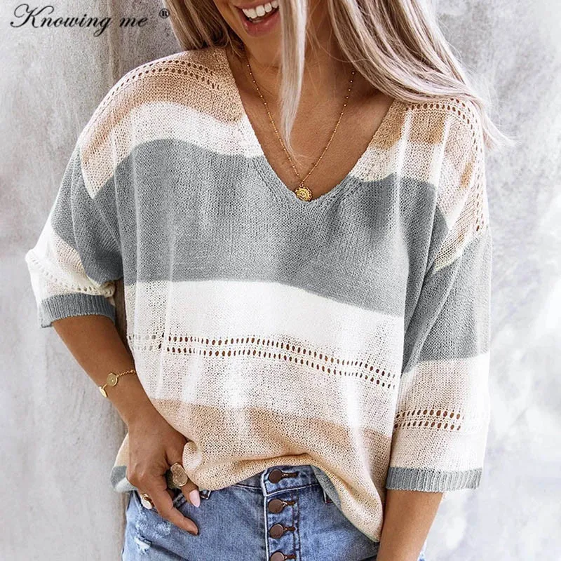 Women Autumn kintted sweater sexy V neck patchwork Striped pullovers female half sleeve hollow out knitwear dropshipping 
Women Autumn kintted sweater sexy V neck patchwork Striped pullovers female half sleeve hollow out knitwear dropshipping
