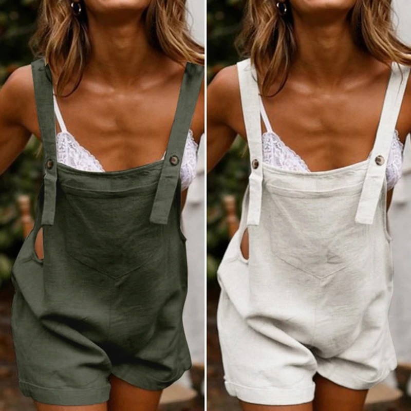 Women's Summer Jumpsuits 2021 Linen Overalls Casual Suspender Rompers Female Solid Button Pants |