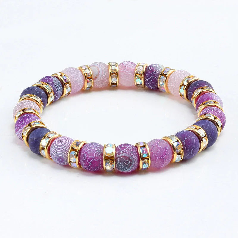 Natural Purple Weathered Stone Shine Rhinestone Circle Beads Strand Bracelet Chakra Yoga Men Women Fashion Jewelry Gift Pulseras | Украшения