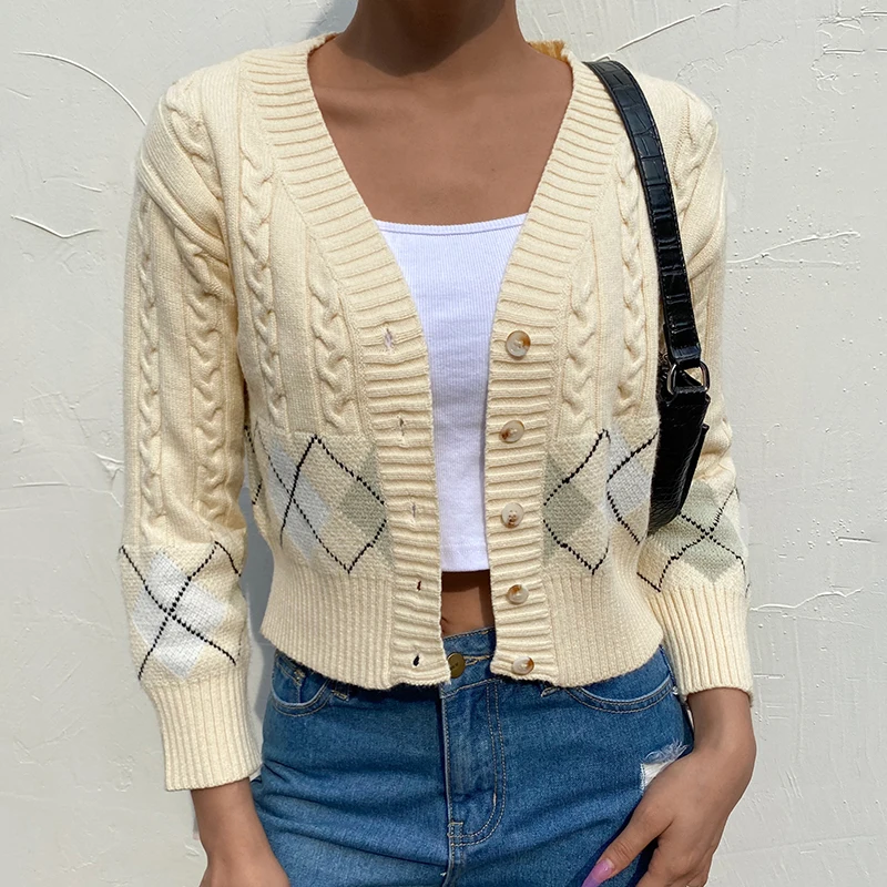 Women Knitted Cardigan Casual Long-sleeved Cardigan Fashion Fall Geometric Patterns V-Neck Single-breasted Short Style Sweater
Women Knitted Cardigan Casual Long-sleeved Cardigan Fashion Fall Geometric Patterns V-Neck Single-breasted Short Style Sweater