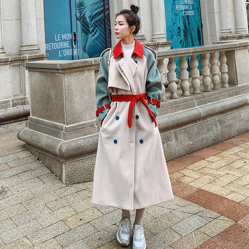Фото Женское длинное шерстяное пальто свободная прямая двубортная куртка из