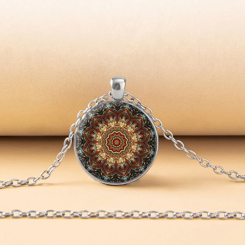 Фото Винтажное стеклянное ожерелье с цветком мандалы индийская хна Йога чакра