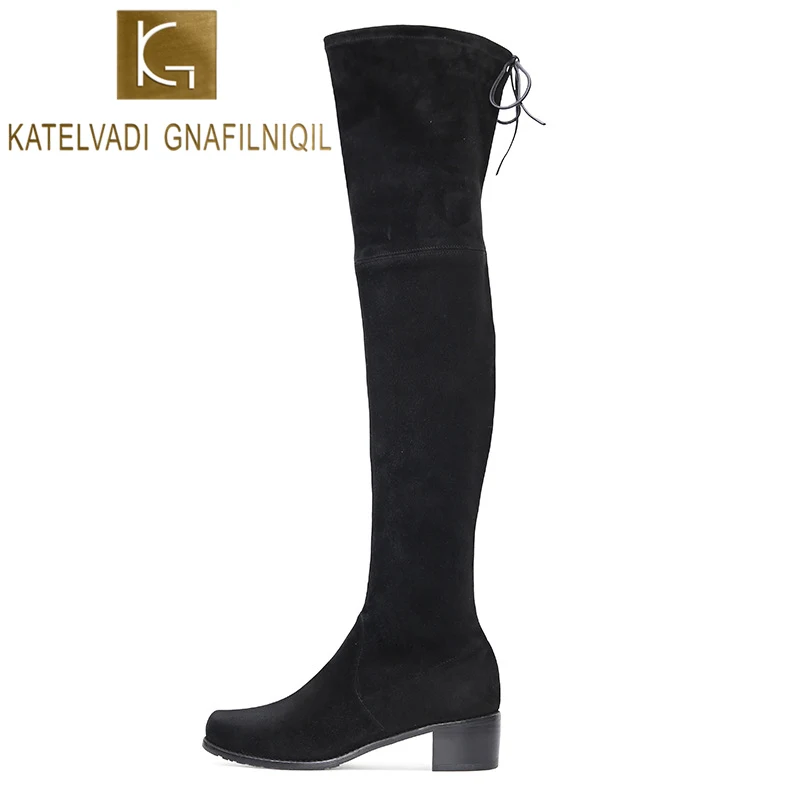 KATELVADI/черные узкие сапоги из флока модные женские выше колена осенние высокие до