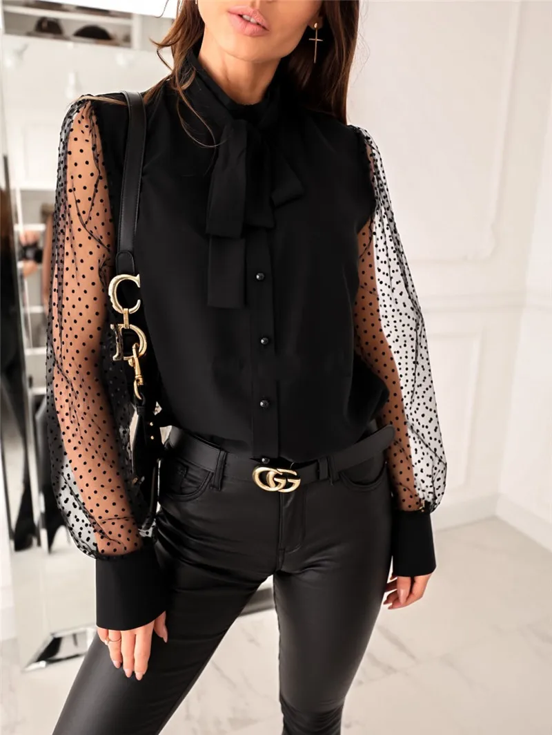 Woman Solid Color Bow Lace-up Shirt Casual Long Mesh Polka Dot Sleeve T Shirt Perspective Patchwork Button Top Clothes For Women
Woman Solid Color Bow Lace-up Shirt Casual Long Mesh Polka Dot Sleeve T Shirt Perspective Patchwork Button Top Clothes For Women