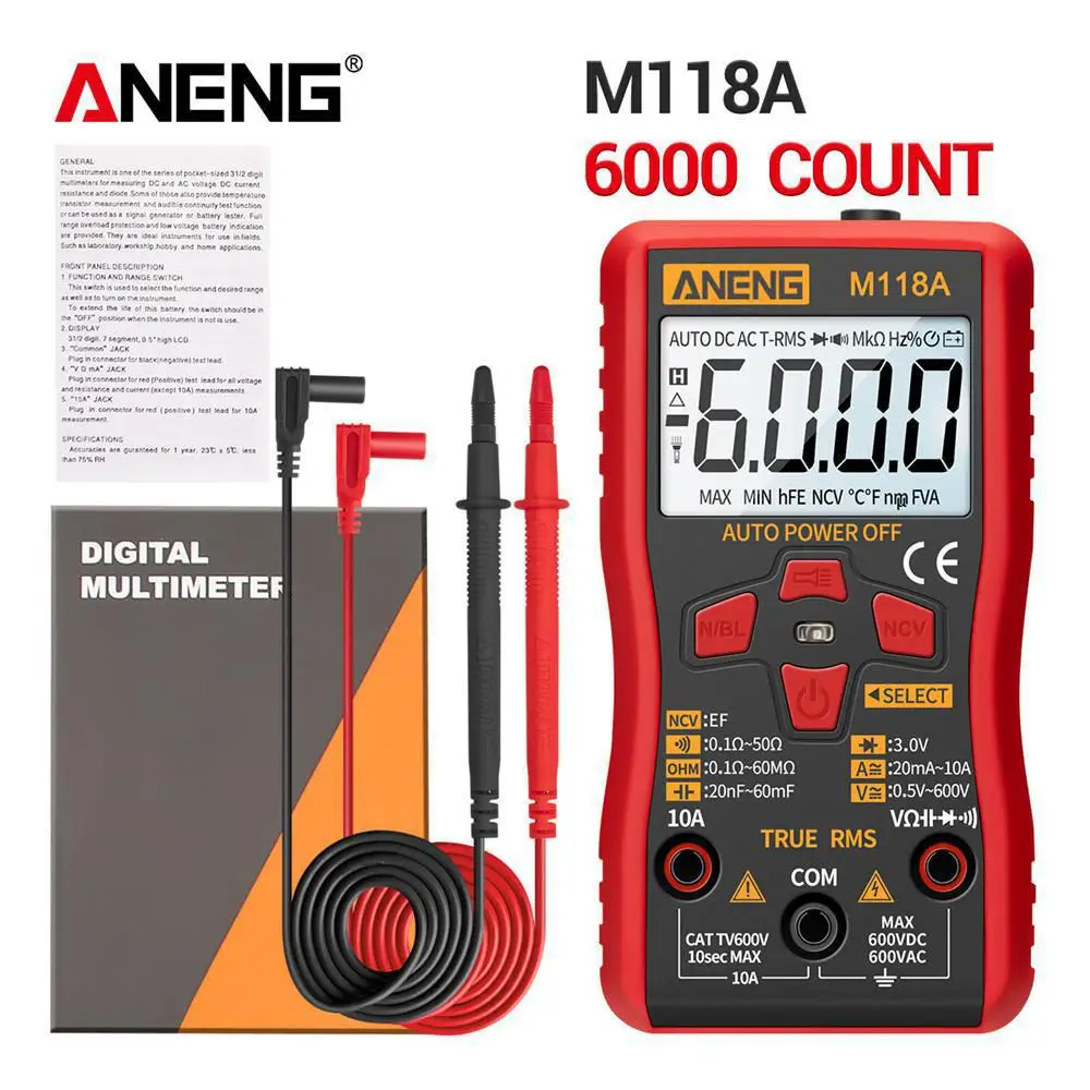 M118A Digital Mini Multimeter Tester Auto Mmultimetro True Rms Tranistor Meter with NCV Data Hold 6000counts Flashlight
M118A Digital Mini Multimeter Tester Auto Mmultimetro True Rms Tranistor Meter with NCV Data Hold 6000counts Flashlight