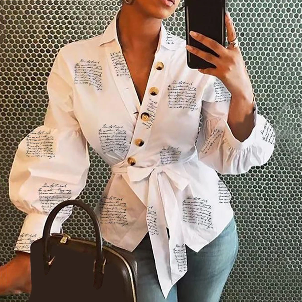 Фото Print Letter Blouse Women 2019 Lantern Sleeve Office Shirt Feminine Clothing Button Ladies Blusas Mujer Sashes Tunic | Женская одежда
