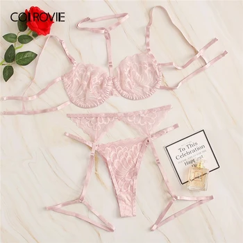 

COLROVIE Pink Floral Lace Garter Lingerie Set With Choker Women Underwire Intimates 2019 Sheer Bra And Thongs Ladies Sexy Sets