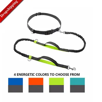 Dog Leash Dual Handle Hands Free Running Leash Shock Absorbing, Extendible Bungee Reflective Stitching Adjustable Waist Belt
