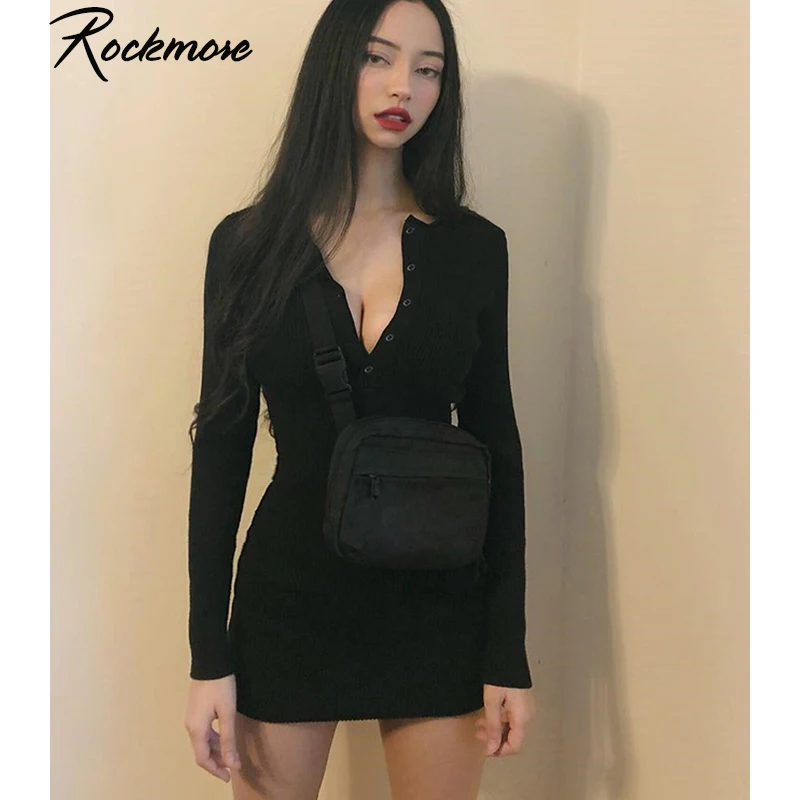 Rockmore Harajuku Knitted Women Mini Dress With Button Streetwear Black Bodycon Grey Long Sleeve Above Knee Dresses Femme Autumn 
Rockmore Harajuku Knitted Women Mini Dress With Button Streetwear Black Bodycon Grey Long Sleeve Above Knee Dresses Femme Autumn
