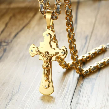 

Vnox Punk Jesus Cross Pendant Necklace for Men 2 Tones Bulky Byzantine Chain Stainless Steel Rock Tough Man Bijoux