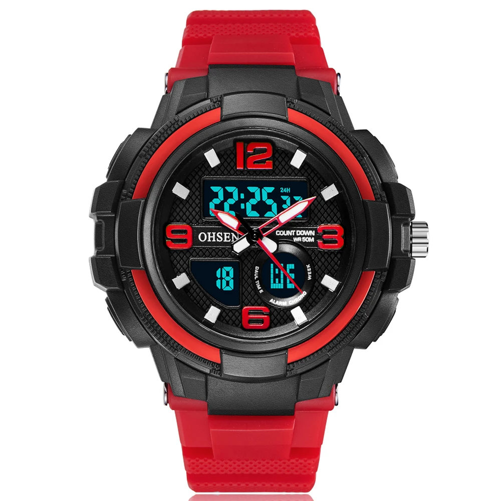 

OHSEN 5Bar Chronograph Digital Watch LED Men Military Watches Outdoor Sport Analog Wristwatch Alarm Clock Red Black Reloj Hombre