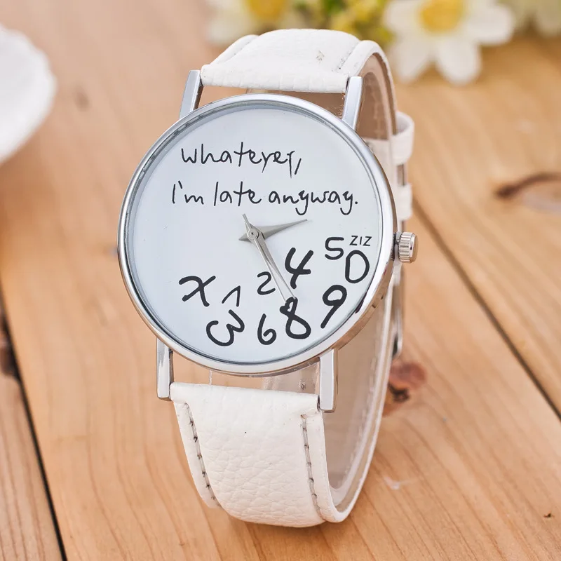 Mance Whatever I am Late Anyway Letter Pattern Leather Men Women Watches Fresh New Style Woman Wristwatch Lady Watch Hot Sale
Mance Whatever I am Late Anyway Letter Pattern Leather Men Women Watches Fresh New Style Woman Wristwatch Lady Watch Hot Sale
