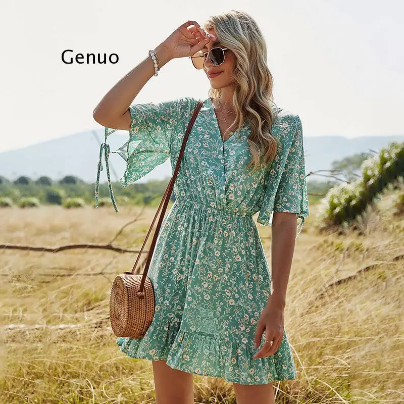 

Spring New Short Floral Print Dress Women Casual V Neck Flare Sleeve High Waist Slim Dress for Women 2021 Summer a Line Dress