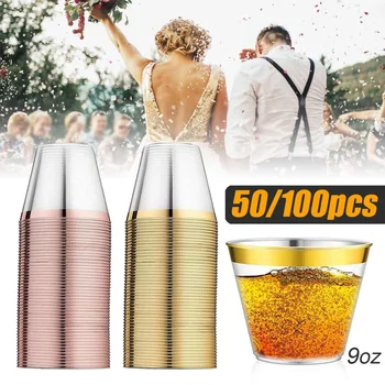 100pcs Hard Plastic Wine Cup Disposable Plastic Drinkware 9oz Rose gold Rim Color Fit Party Wedding Festival
100pcs Hard Plastic Wine Cup Disposable Plastic Drinkware 9oz Rose gold Rim Color Fit Party Wedding Festival