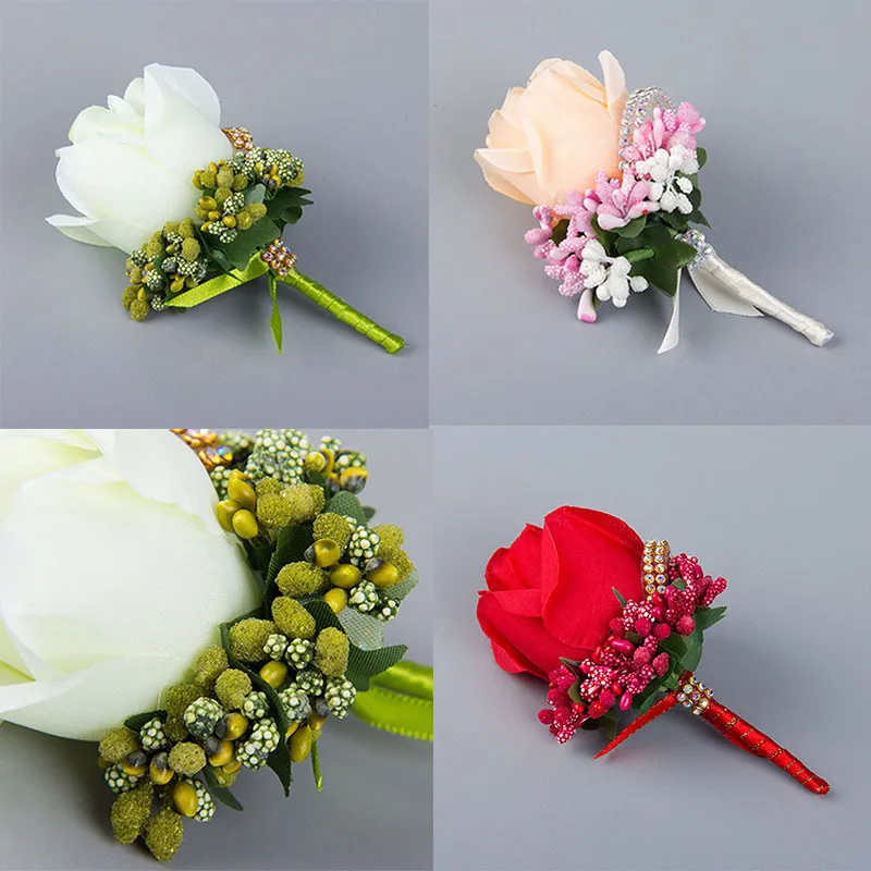 

1pc Red Best Man Corsage for Groom Groomsman Silk Rose Flower Wedding Suit Boutonniere Accessories Pin Brooch Decoration