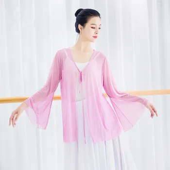 Dance practice clothes female mesh blouse classical dance elegant trumpet sleeves with cardigan 
Dance practice clothes female mesh blouse classical dance elegant trumpet sleeves with cardigan