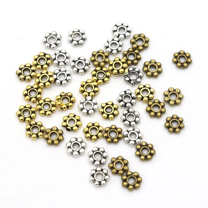 

1000pcs 4mm Tibetan Gold SilverColor Daisy Wheel Flower Charm Loose Metal Spacer Beads For Jewelry Making Needlework Accessories