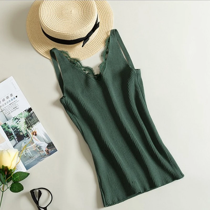 Фото Fashion Women Knitted Summer V Neck Vest New Lace Stitching Plain Weave camisole Women's Sleeveless Blouse Tops | Женская одежда