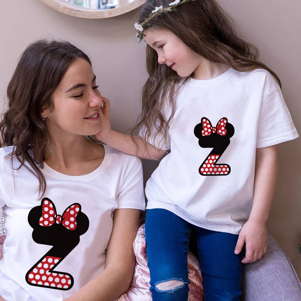 Mickey Mouse Style Letters ABC Print Family Matching Clothes Outfits Mommy Daughter Summer Short Sleeve O-neck White Tee Shirts | Мать и