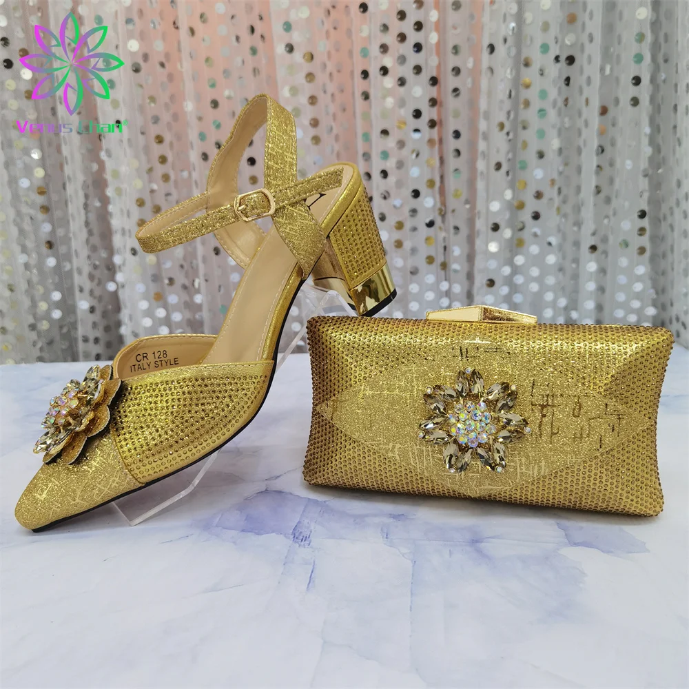 

Mature Italian Women Elegant Wedding Party Shoes and Bags to Match with Shinning Crystal in Golden Color Nigerian Style Set