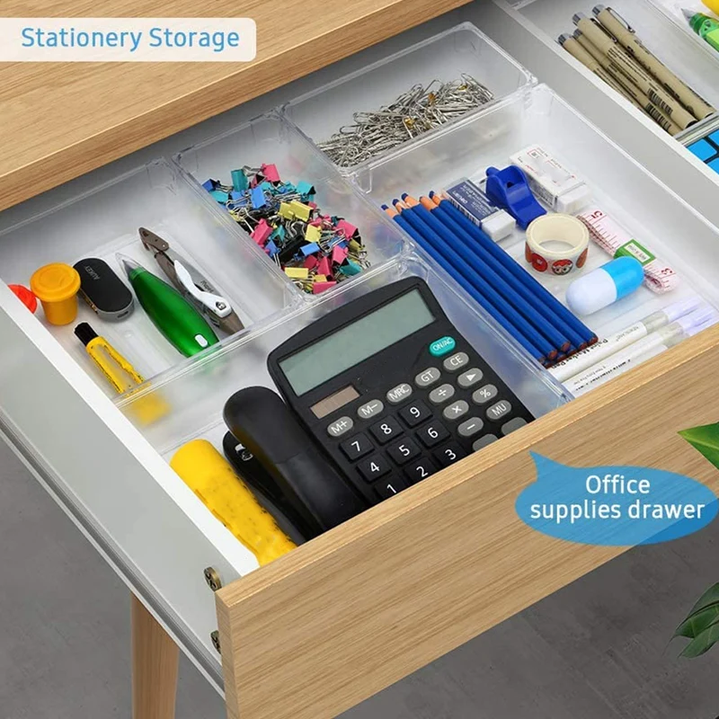 Set Of 12 Desk Drawer Organizer Trays with 3-Size Clear Plastic Storage Boxes Divider Make-Up Organiser for Office Set Of 12 Desk Drawer Organizer Trays with 3-Size Clear Plastic Storage Boxes Divider Make-Up Organiser for Office