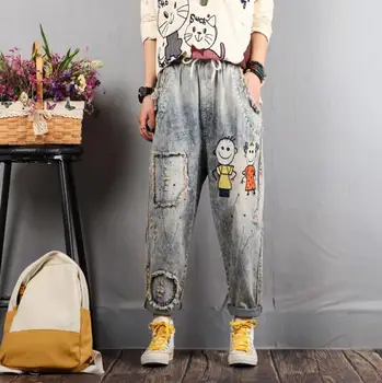Retro Tassel Cartoon Embroidery Loose Casual Jeans 2020 Women Plus Size Patch Work Elastic Waist Hip Hop Denim Trousers w569 
Retro Tassel Cartoon Embroidery Loose Casual Jeans 2020 Women Plus Size Patch Work Elastic Waist Hip Hop Denim Trousers w569