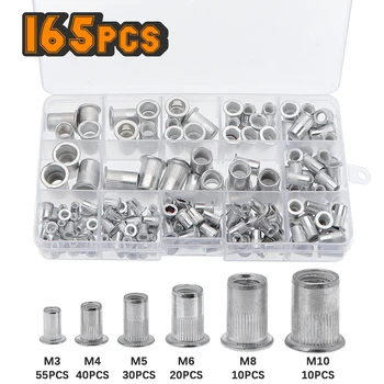 

165pcs Rivet Nuts Set Aluminum M3 M4 M5 M6 M8 M10 Mix Size Flat Head Rivet Nuts Insert Rivets with Plastic Box Rivet Nails