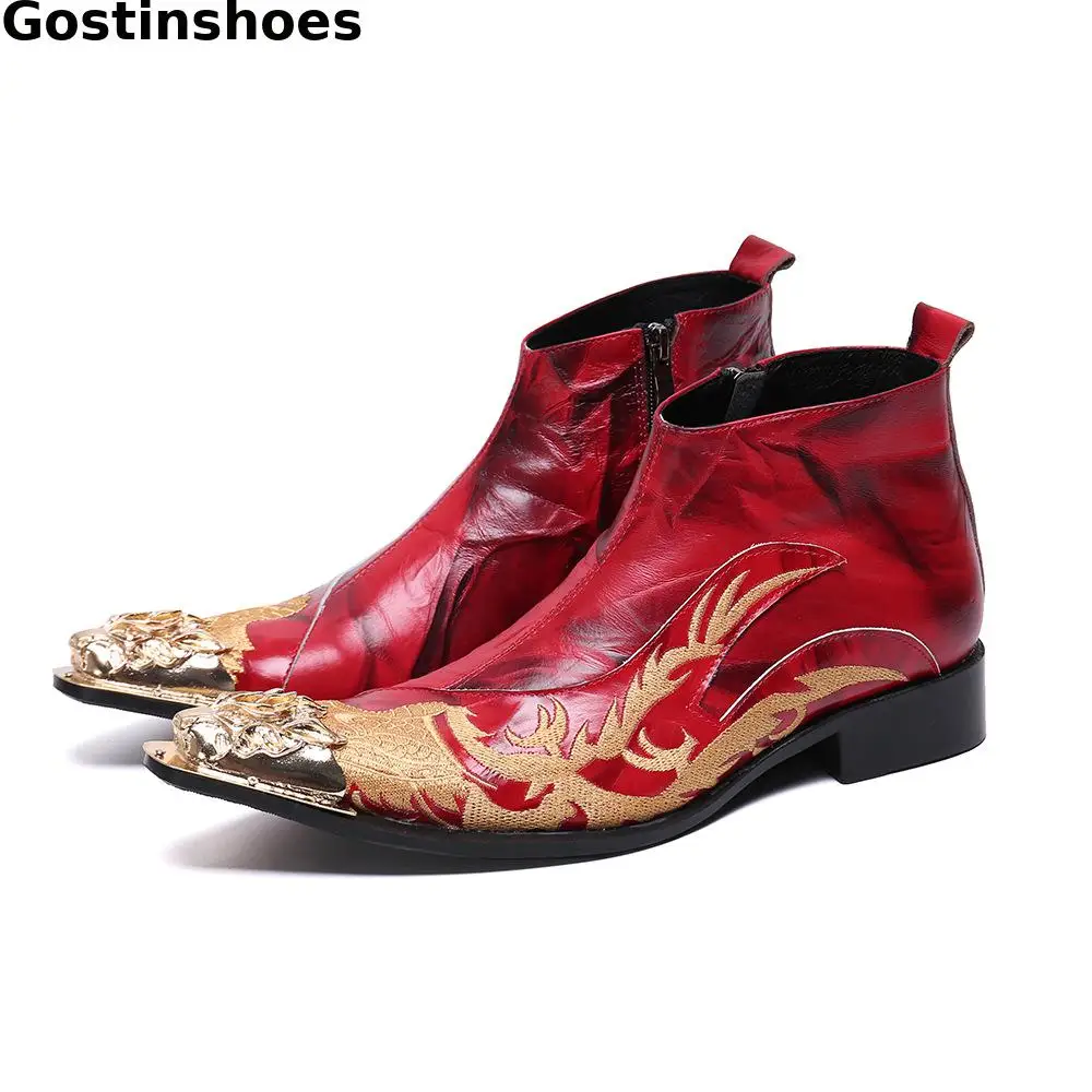 Men Ankle Boots Genuine Leather Red Color Golden Embroider Men Short Boots Steel Cap Toe Pointed Slip On Side Zipper Men Boots
Men Ankle Boots Genuine Leather Red Color Golden Embroider Men Short Boots Steel Cap Toe Pointed Slip On Side Zipper Men Boots