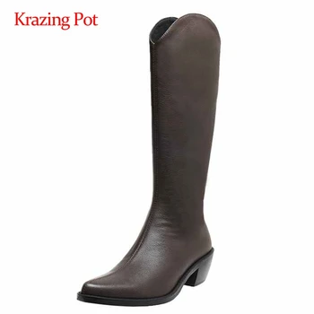 Krazing pot equestrian boots cow leather high fashion pointed toe thick med heel zipper elegant lady catwalk knee high boots L22
Krazing pot equestrian boots cow leather high fashion pointed toe thick med heel zipper elegant lady catwalk knee high boots L22