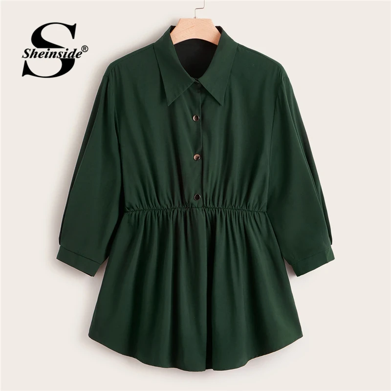 

Sheinside Plus Size Green Button Up Longline Blouse Women 2019 Autumn Casual Flared Hem Blouses Ladies Solid Minimalist Top