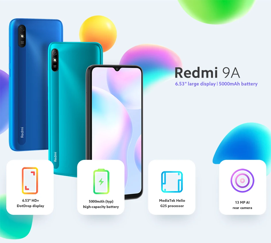 Gobal Version Xiaomi Redmi 9A 2GB 32GB Smartphone 5000mAh Battery MediaTek Helio G25 6.53” HD display 13MP AI Rear Camera Gobal Version Xiaomi Redmi 9A 2GB 32GB Smartphone 5000mAh Battery MediaTek Helio G25 6.53” HD display 13MP AI Rear Camera