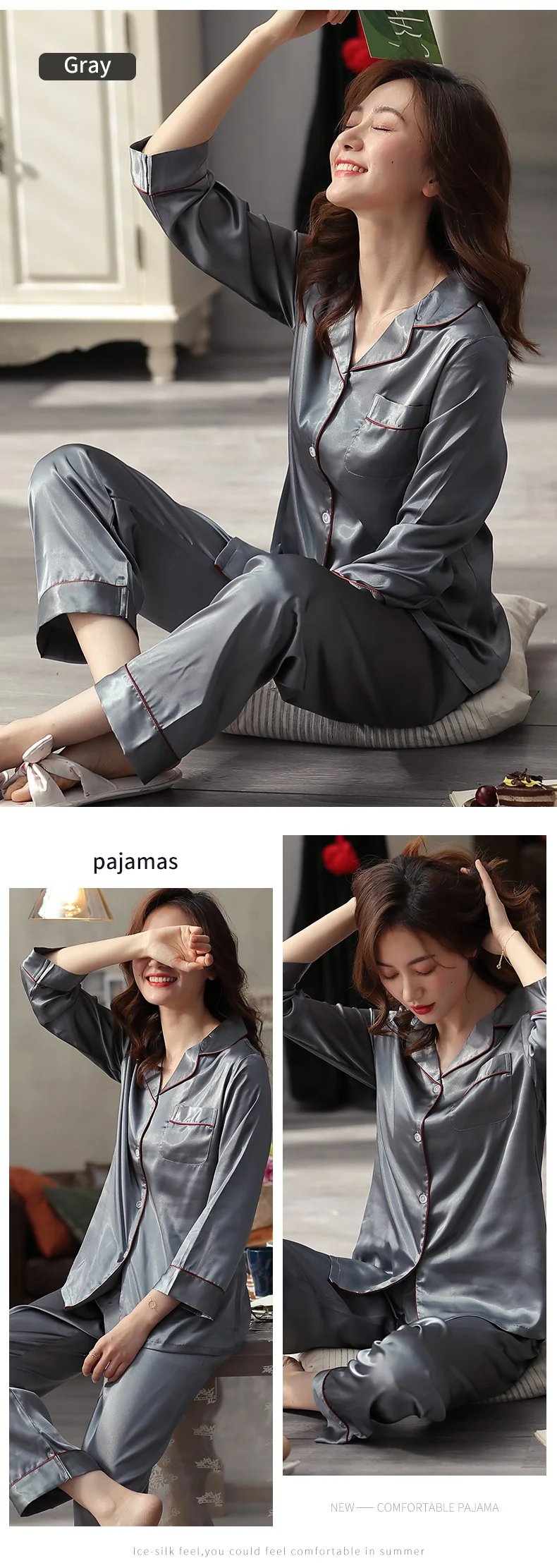 Summer Satin Pajamas Women Pyjamas PJ Set Female Long Sleeve Sleepwear Suit Ladies Night Wear Imitation Silk Pijamas For Women