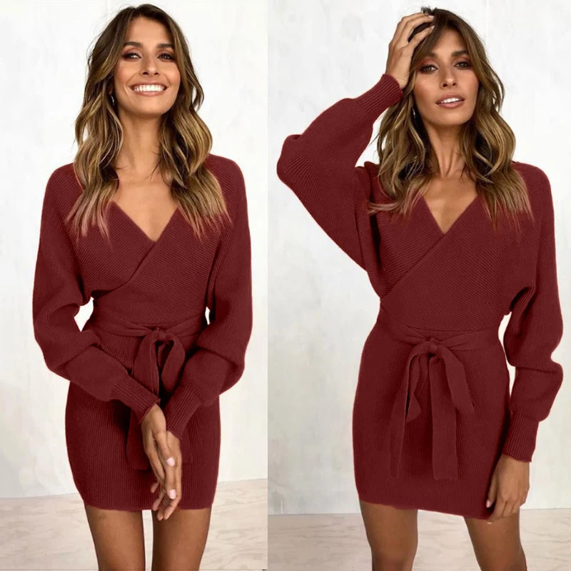 Knit Sweater Dress Long Sleeve Plus Size Long Dresses Deep V-Neck Bag Hip Warm Lace Up Clothes Multi-Color
Knit Sweater Dress Long Sleeve Plus Size Long Dresses Deep V-Neck Bag Hip Warm Lace Up Clothes Multi-Color