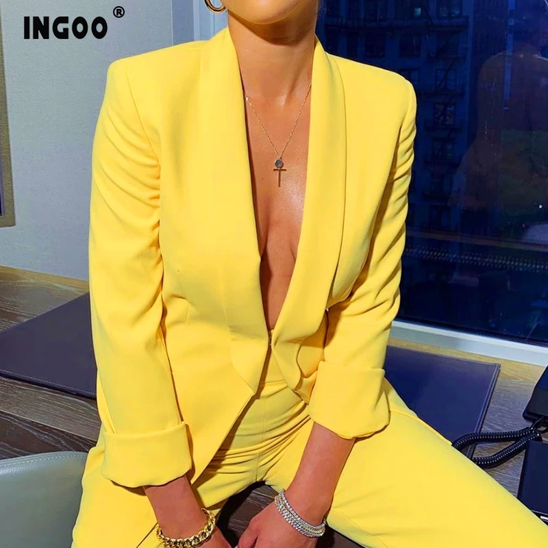 INGOO Winter Sexy Deep V Women Blazer and Trousers Set Long Sleeve Yellow Outwear Wide Leg Pant Fashion Two Pieces Set
INGOO Winter Sexy Deep V Women Blazer and Trousers Set Long Sleeve Yellow Outwear Wide Leg Pant Fashion Two Pieces Set
