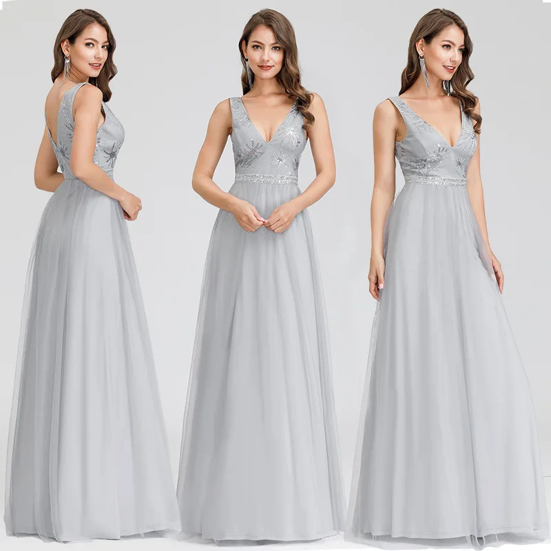Bridesmaid Dress Europe And America New Style Shoulder Deep-V Sequin Gray Elegant Banquet Host Evening Gown
Bridesmaid Dress Europe And America New Style Shoulder Deep-V Sequin Gray Elegant Banquet Host Evening Gown